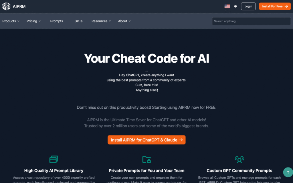 AIPRM AI SEO Tool homepage screenshot featuring SEO-focused ChatGPT prompts