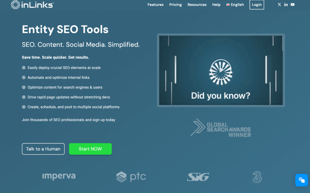 Screenshot of InLinks AI SEO Tool homepage showing entity-based optimization features