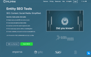 Screenshot of InLinks AI SEO Tool homepage showing entity-based optimization features