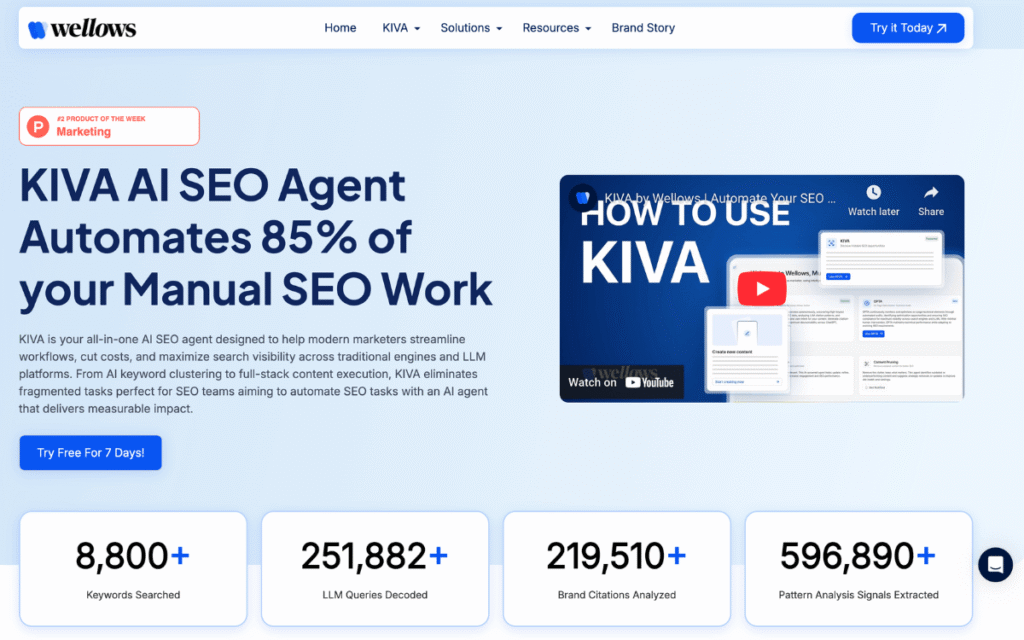 Kiva AI SEO Tool homepage screenshot highlighting SEO automation and keyword clustering