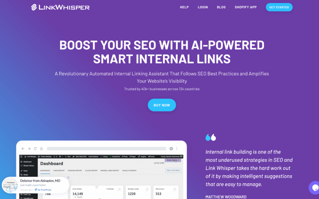 Link Whisper AI SEO Tool homepage showcasing internal linking automation
