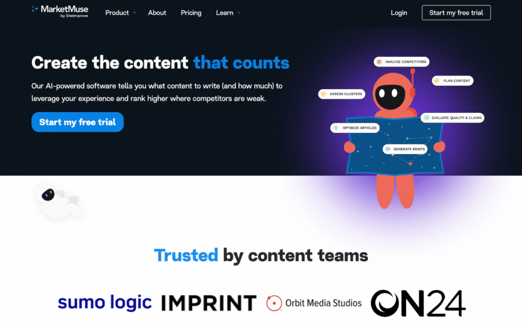 MarketMuse AI SEO Tool homepage with AI-driven content strategy and optimization