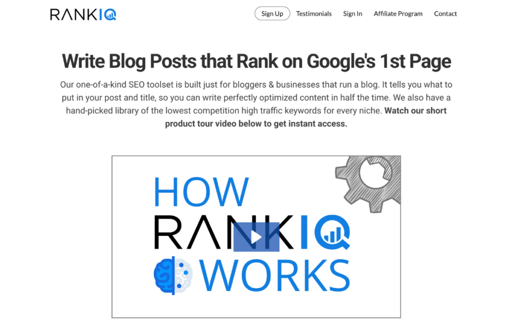 RankIQ AI SEO Tool homepage with keyword library and blog optimization features