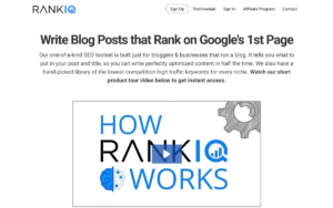 RankIQ AI SEO Tool homepage with keyword library and blog optimization features