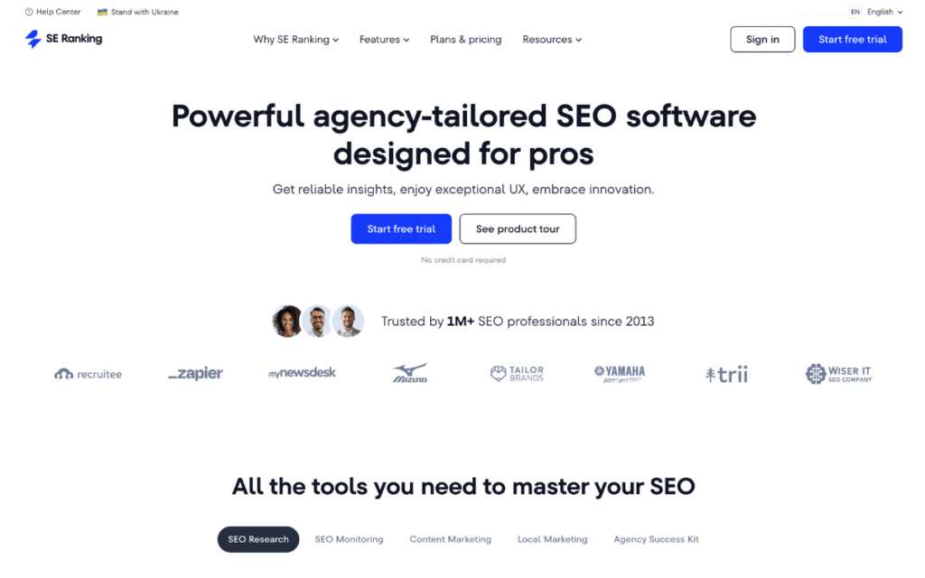 SE Ranking AI SEO Tool homepage with SEO analytics and ranking tracker