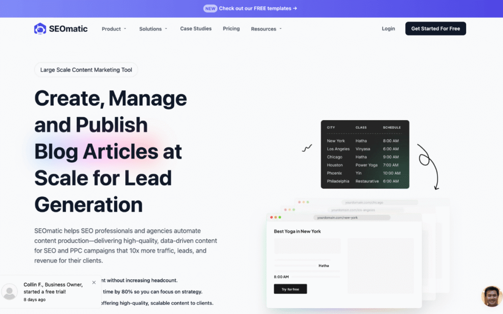 Seomatic AI SEO Tool homepage view with advanced content optimization dashboard
