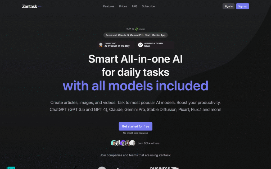 Zentask AI SEO Tool homepage screenshot displaying SEO project management dashboard