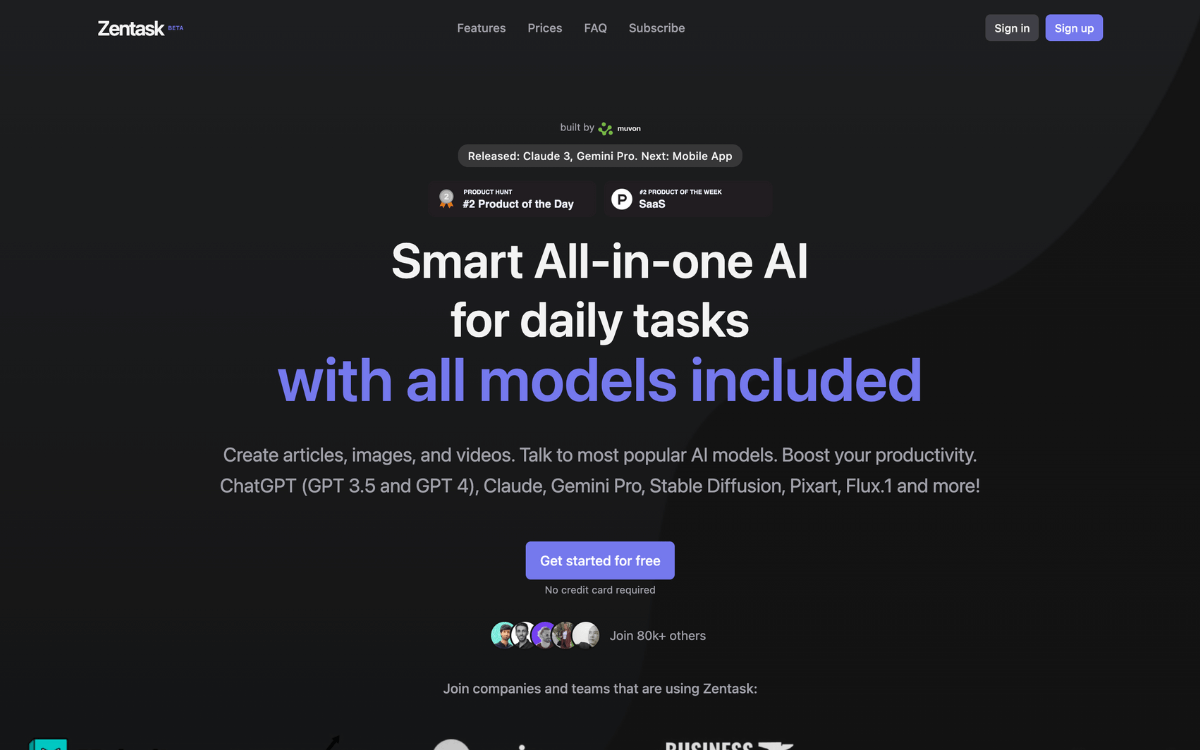 Zentask AI SEO Tool homepage screenshot displaying SEO project management dashboard